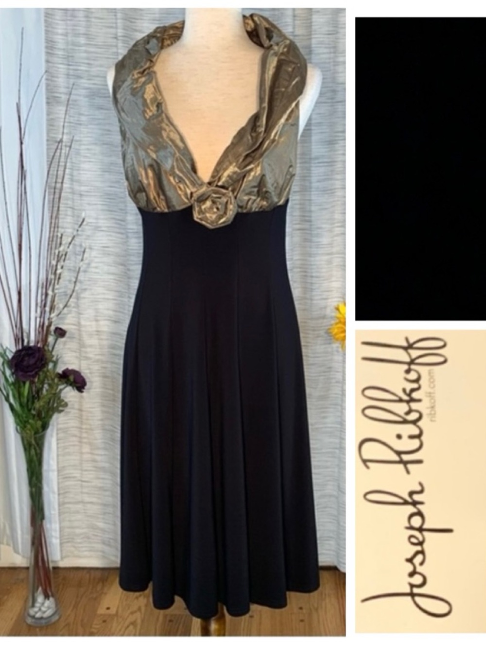 Joseph Ribkoff black and old gold sleeveless pullover A-line dress.